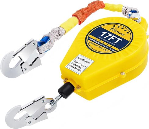 Self-Retractable Fall Arrester 17FT Double Locking Fall Arrest Protector Fall Protection Gear, Dual Alloy Steel PPE Shell Heavy Duty Hook Cable Wire Rope Roofing Lifeline Safety Lanyard in Saudi Arabia