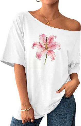 Remidoo Women's Oversized T Shirt Off The Shoulder Tops Short Sleeve Shirts Graphic Tees in Kuwait