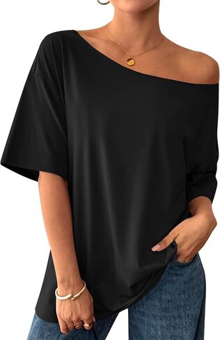 Remidoo Women's Oversized T Shirt Off The Shoulder Tops Short Sleeve Shirts Graphic Tees in Kuwait