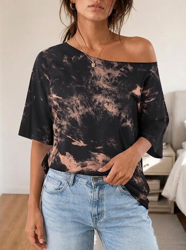 Remidoo Women's Oversized T Shirt Off The Shoulder Tops Short Sleeve Shirts Graphic Tees in Kuwait