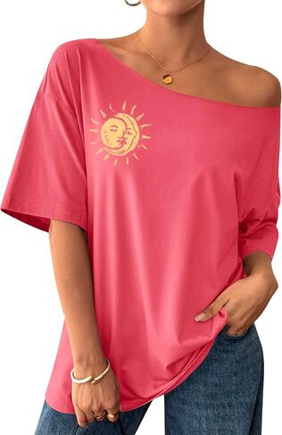 Remidoo Women's Oversized T Shirt Off The Shoulder Tops Short Sleeve Shirts Graphic Tees in Kuwait