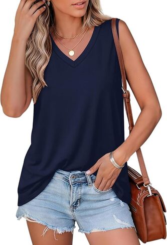 Elesomo Women V Neck Tank Tops Summer Sleeveless Cotton Casual Shirts in Kuwait
