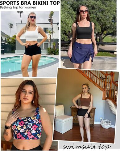 Women Sports Bra Swimsuit Top - Crop Bikini Top Only Modest Bathing Suit 2025 Square Neck Swimwear Black S in Kuwait