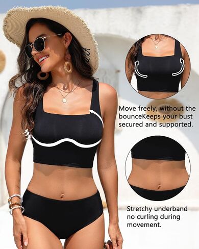 Women Sports Bra Swimsuit Top - Crop Bikini Top Only Modest Bathing Suit 2025 Square Neck Swimwear Black S in Kuwait
