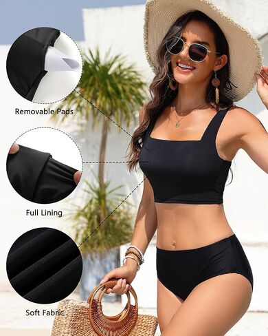 Women Sports Bra Swimsuit Top - Crop Bikini Top Only Modest Bathing Suit 2025 Square Neck Swimwear Black S in Kuwait