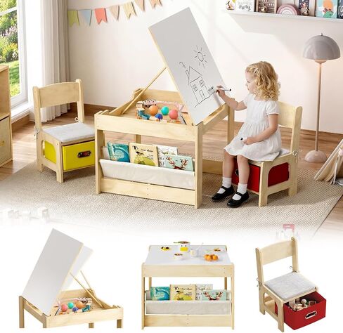 Toddler Table and Chair Set, Wooden Kids Table and Chairs with Adjustable-Height Tabletop, Kids Activity Table with Safety Hinges, Storage Drawers & Bookshelf for playroom Nursery Daycare in Kuwait