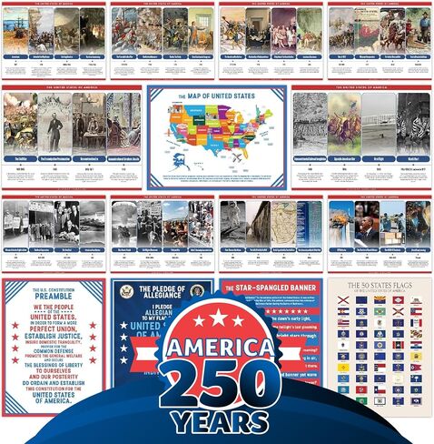 America 250 History Poster Set – 15 U.S. Educational Prints for Kids & Families | 250th Anniversary Patriotic Wall Decor | U.S. Timeline, Constitution, Pledge, Map & 50 State Flags | 12x16 Unframed in Saudi Arabia