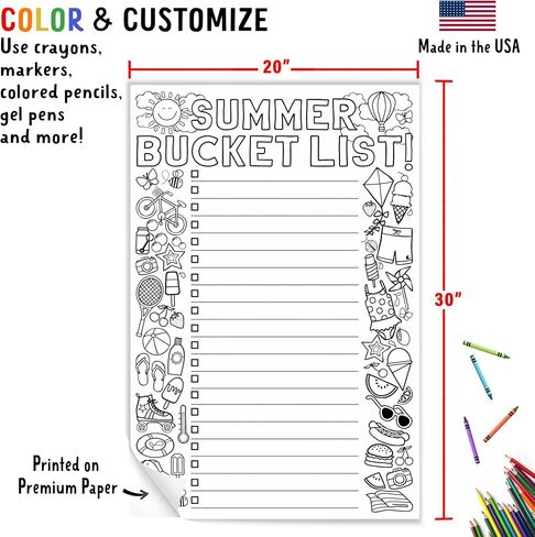 Tiny Expressions Summer Bucket List for Kids Coloring Poster | Personalized Summer Break Ideas Checklist and Template for Children | 30" x 20" inches in Saudi Arabia