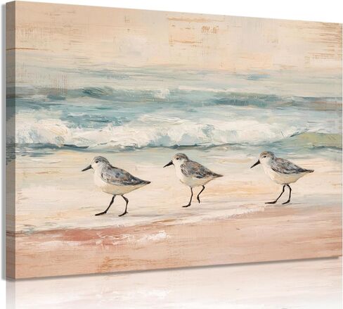 MDHFJEAW Boho Coastal Canvas Wall Art Sandpiper Beach Bird Painting Abstract Ocean Picture Wall Decor Gallery Wrapped Sea Bird Poster Print Artwork for Living Room Bathroom 12x16 In in Saudi Arabia