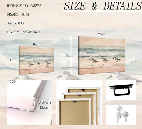 MDHFJEAW Boho Coastal Canvas Wall Art Sandpiper Beach Bird Painting Abstract Ocean Picture Wall Decor Gallery Wrapped Sea Bird Poster Print Artwork for Living Room Bathroom 12x16 In in Saudi Arabia