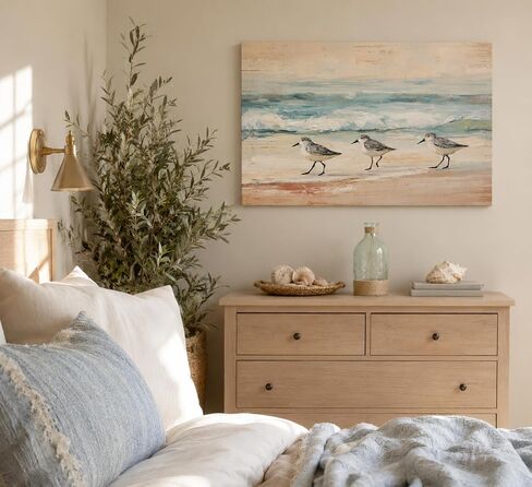 MDHFJEAW Boho Coastal Canvas Wall Art Sandpiper Beach Bird Painting Abstract Ocean Picture Wall Decor Gallery Wrapped Sea Bird Poster Print Artwork for Living Room Bathroom 12x16 In in Saudi Arabia