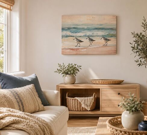 MDHFJEAW Boho Coastal Canvas Wall Art Sandpiper Beach Bird Painting Abstract Ocean Picture Wall Decor Gallery Wrapped Sea Bird Poster Print Artwork for Living Room Bathroom 12x16 In in Saudi Arabia