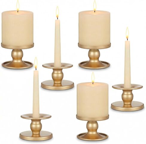 Gold Candle Holders Set of 6, Reversible Pillar Candle Holder and Taper Candles Stand, Metal Table Centerpiece for Wedding Dining Room Holiday Decor in Saudi Arabia