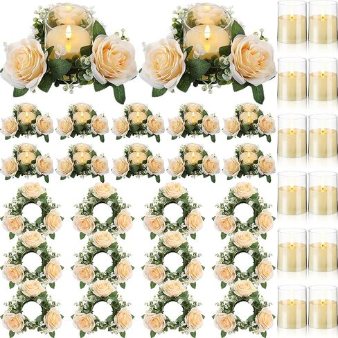 Yunlly 32 Pcs Rose Candle Rings with Flameless Candles Sets, Artificial Flower Eucalyptus Wedding Centerpiece 3 Inch Pillar Candleholders Wreaths for Wedding Party Mother's Day (White) in Kuwait