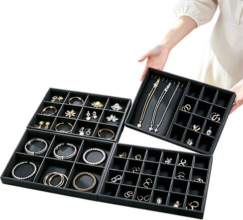 4-Pack Stackable Jewelry Trays, Black PU Velvet Drawer Storage | stackable design, anti-scratch jewelry protection, fits standard drawers, customizable compartments with removable dividers in Saudi Arabia
