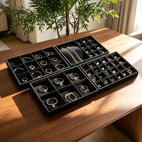 4-Pack Stackable Jewelry Trays, Black PU Velvet Drawer Storage | stackable design, anti-scratch jewelry protection, fits standard drawers, customizable compartments with removable dividers in Saudi Arabia