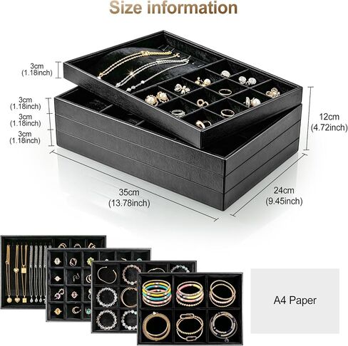 4-Pack Stackable Jewelry Trays, Black PU Velvet Drawer Storage | stackable design, anti-scratch jewelry protection, fits standard drawers, customizable compartments with removable dividers in Saudi Arabia