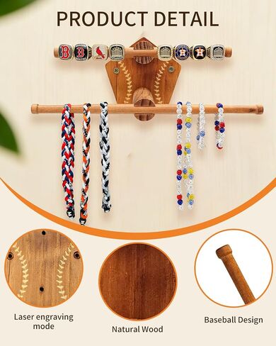 Yigney Baseball or Softball Necklace Organizer Wooden Holder, Championship Ring Display Holder, Softball Ring, Sports Ring Jewelry Towers, Wall-mounted Display Gifts for Baseball Softball fans in Saudi Arabia