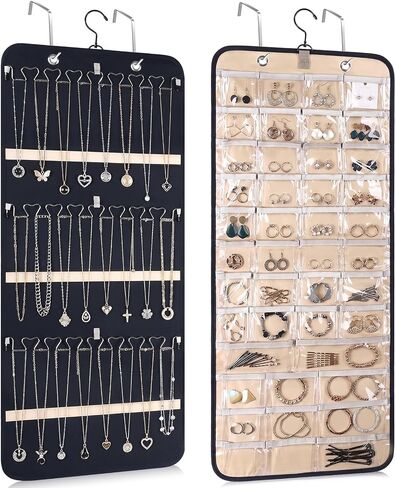 Hanging Jewelry Organizer, Double-Sided Necklace Holder with 43 Clear Pockets & 21 Hooks Jewelry Storage Roll with Hanger for Earrings, Necklaces, Rings on Closet, Wall, Door (33.1 x 14.2 Inch) in Saudi Arabia
