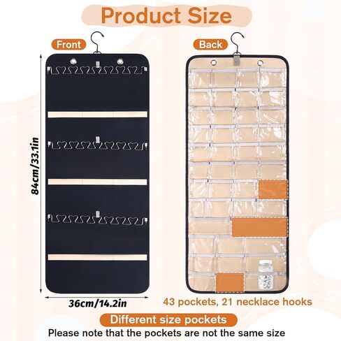 Hanging Jewelry Organizer, Double-Sided Necklace Holder with 43 Clear Pockets & 21 Hooks Jewelry Storage Roll with Hanger for Earrings, Necklaces, Rings on Closet, Wall, Door (33.1 x 14.2 Inch) in Saudi Arabia