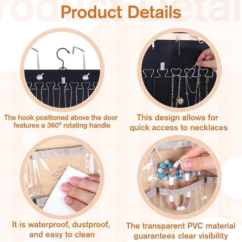 Hanging Jewelry Organizer, Double-Sided Necklace Holder with 43 Clear Pockets & 21 Hooks Jewelry Storage Roll with Hanger for Earrings, Necklaces, Rings on Closet, Wall, Door (33.1 x 14.2 Inch) in Saudi Arabia