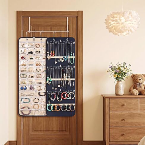 Hanging Jewelry Organizer, Double-Sided Necklace Holder with 43 Clear Pockets & 21 Hooks Jewelry Storage Roll with Hanger for Earrings, Necklaces, Rings on Closet, Wall, Door (33.1 x 14.2 Inch) in Saudi Arabia
