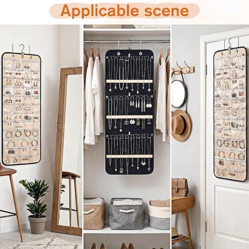 Hanging Jewelry Organizer, Double-Sided Necklace Holder with 43 Clear Pockets & 21 Hooks Jewelry Storage Roll with Hanger for Earrings, Necklaces, Rings on Closet, Wall, Door (33.1 x 14.2 Inch) in Saudi Arabia