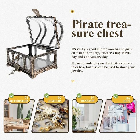 Zerodeko Treasure Chest, Plastic Pirate Box with Lock and Key, Vintage Keepsake Jewelry Container Clear Prize Box Decorative Storage Box Desktop Organizer Party Favors for Kids Adults (Bronze) in Kuwait