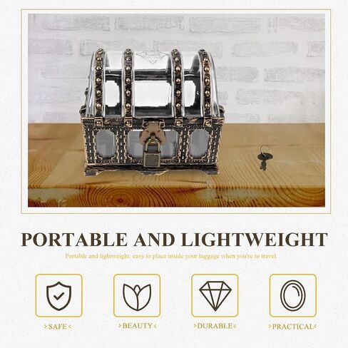 Zerodeko Treasure Chest, Plastic Pirate Box with Lock and Key, Vintage Keepsake Jewelry Container Clear Prize Box Decorative Storage Box Desktop Organizer Party Favors for Kids Adults (Bronze) in Kuwait