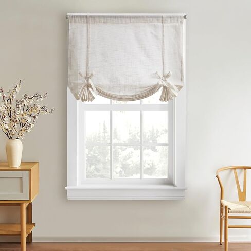 DKNY Balloon Shade Tie Up Curtain - Linen Beige 42" x 63" Light-Filtering Rod Pocket Window Panel with Fabric Tie Bows - 1 Piece in Kuwait