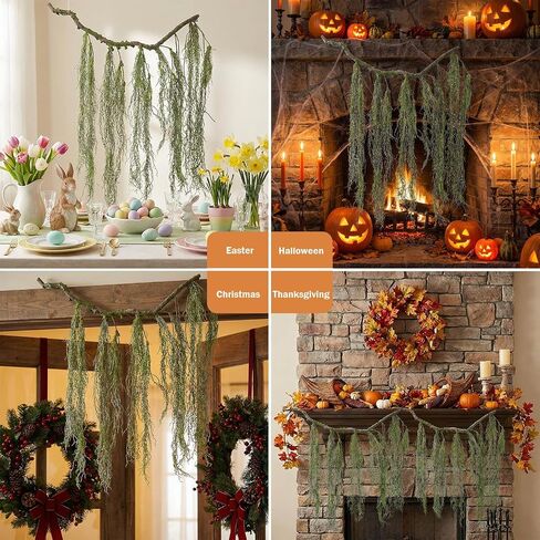 63inch Rustic Curly Artificial Weeping Willow Branches Faux Twisty Wood Curtain Tree Spooky Fall Long Vine Hanging Green Moss Twigs Garland For Wall Jungle Fireplace Halloween Patio Porch Decoration in Saudi Arabia