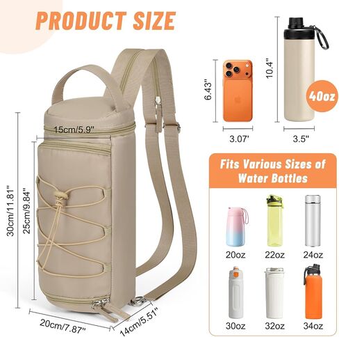 Nuovoware Small Sling Backpack, Sling Bag 25oz/32oz/40oz/50oz Water Bottle Carrier with Zippered Cap, 2 Pockets, Adjustable Shoulder Strap Carrier for Walking Traveling, Camel in Saudi Arabia