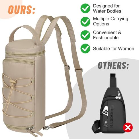 Nuovoware Small Sling Backpack, Sling Bag 25oz/32oz/40oz/50oz Water Bottle Carrier with Zippered Cap, 2 Pockets, Adjustable Shoulder Strap Carrier for Walking Traveling, Camel in Saudi Arabia