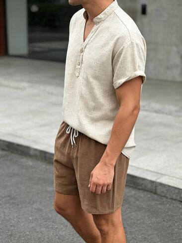 Men's Polyester Linen Blend V-Neck Short Sleeve Henley Shirt Shorts Set Lightweight Breathable Summer Beach Outdoor Tracksuit in Saudi Arabia