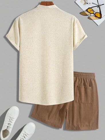 Men's Polyester Linen Blend V-Neck Short Sleeve Henley Shirt Shorts Set Lightweight Breathable Summer Beach Outdoor Tracksuit in Saudi Arabia