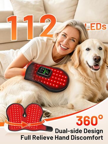Red Light Therapy Glove for Hand Wrist Cordless, 112LEDs 360° Dual-Sided Light Therapy Hand Wrap, 5000mAh 10-30Min Auto-Off Timer, Pulse Modes, Fit for Fingers Joint Wrinkles, 660nm & 850nm, Black in Kuwait
