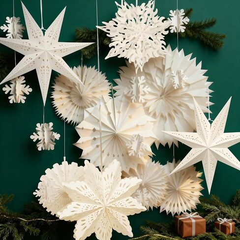 Winter Wonderland Snowflake Party Decorations, Christmas Hanging Decor, White Paper Star Snowflake Lanterns with Lights Paper Fans Garlands Set for Christmas Frozen Winter Birthday Wedding Party Decor in Saudi Arabia