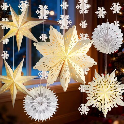 Winter Wonderland Snowflake Party Decorations, Christmas Hanging Decor, White Paper Star Snowflake Lanterns with Lights Paper Fans Garlands Set for Christmas Frozen Winter Birthday Wedding Party Decor in Saudi Arabia