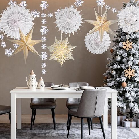 Winter Wonderland Snowflake Party Decorations, Christmas Hanging Decor, White Paper Star Snowflake Lanterns with Lights Paper Fans Garlands Set for Christmas Frozen Winter Birthday Wedding Party Decor in Saudi Arabia