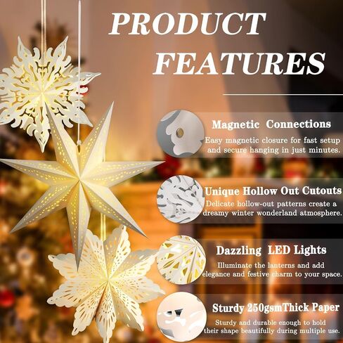Winter Wonderland Snowflake Party Decorations, Christmas Hanging Decor, White Paper Star Snowflake Lanterns with Lights Paper Fans Garlands Set for Christmas Frozen Winter Birthday Wedding Party Decor in Saudi Arabia