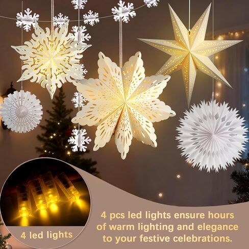 Winter Wonderland Snowflake Party Decorations, Christmas Hanging Decor, White Paper Star Snowflake Lanterns with Lights Paper Fans Garlands Set for Christmas Frozen Winter Birthday Wedding Party Decor in Saudi Arabia