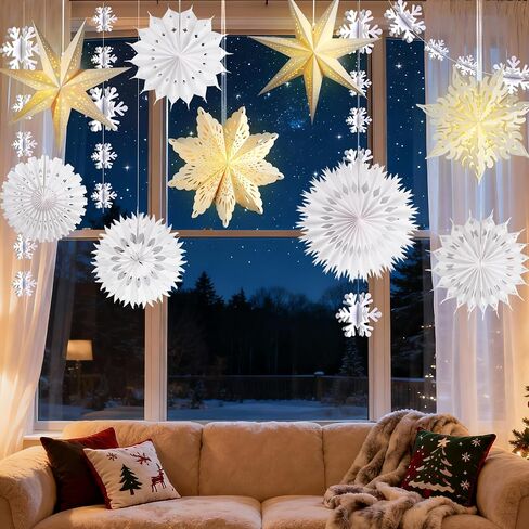Winter Wonderland Snowflake Party Decorations, Christmas Hanging Decor, White Paper Star Snowflake Lanterns with Lights Paper Fans Garlands Set for Christmas Frozen Winter Birthday Wedding Party Decor in Saudi Arabia