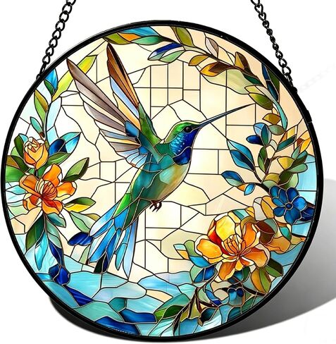 7.8in Stained Glass Window Hanging Hummingbird- Sun Catchers Glass Panel Green Suncatcher Decor for Birthday Gifts for Women, Men, Wife, Aunt, and Mom (Hummingbird-Blue, 7.8in) in Kuwait