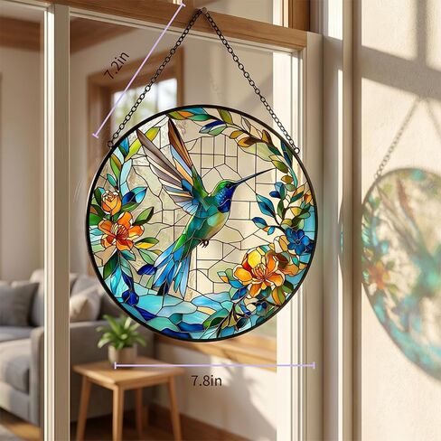 7.8in Stained Glass Window Hanging Hummingbird- Sun Catchers Glass Panel Green Suncatcher Decor for Birthday Gifts for Women, Men, Wife, Aunt, and Mom (Hummingbird-Blue, 7.8in) in Kuwait