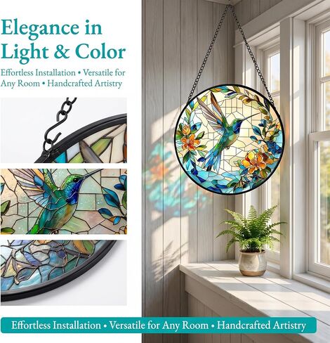 7.8in Stained Glass Window Hanging Hummingbird- Sun Catchers Glass Panel Green Suncatcher Decor for Birthday Gifts for Women, Men, Wife, Aunt, and Mom (Hummingbird-Blue, 7.8in) in Kuwait