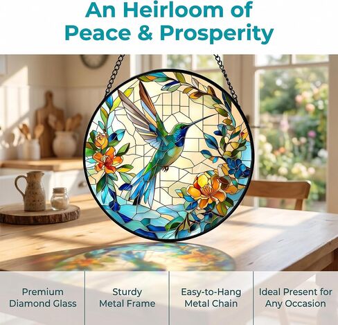 7.8in Stained Glass Window Hanging Hummingbird- Sun Catchers Glass Panel Green Suncatcher Decor for Birthday Gifts for Women, Men, Wife, Aunt, and Mom (Hummingbird-Blue, 7.8in) in Kuwait