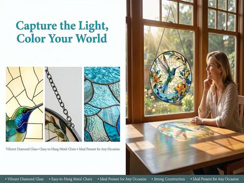 7.8in Stained Glass Window Hanging Hummingbird- Sun Catchers Glass Panel Green Suncatcher Decor for Birthday Gifts for Women, Men, Wife, Aunt, and Mom (Hummingbird-Blue, 7.8in) in Kuwait