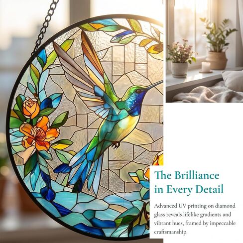 7.8in Stained Glass Window Hanging Hummingbird- Sun Catchers Glass Panel Green Suncatcher Decor for Birthday Gifts for Women, Men, Wife, Aunt, and Mom (Hummingbird-Blue, 7.8in) in Kuwait
