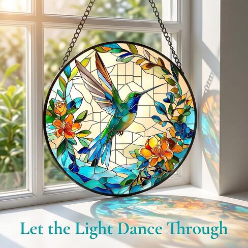 7.8in Stained Glass Window Hanging Hummingbird- Sun Catchers Glass Panel Green Suncatcher Decor for Birthday Gifts for Women, Men, Wife, Aunt, and Mom (Hummingbird-Blue, 7.8in) in Kuwait