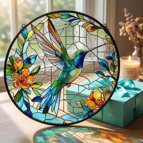 7.8in Stained Glass Window Hanging Hummingbird- Sun Catchers Glass Panel Green Suncatcher Decor for Birthday Gifts for Women, Men, Wife, Aunt, and Mom (Hummingbird-Blue, 7.8in) in Kuwait